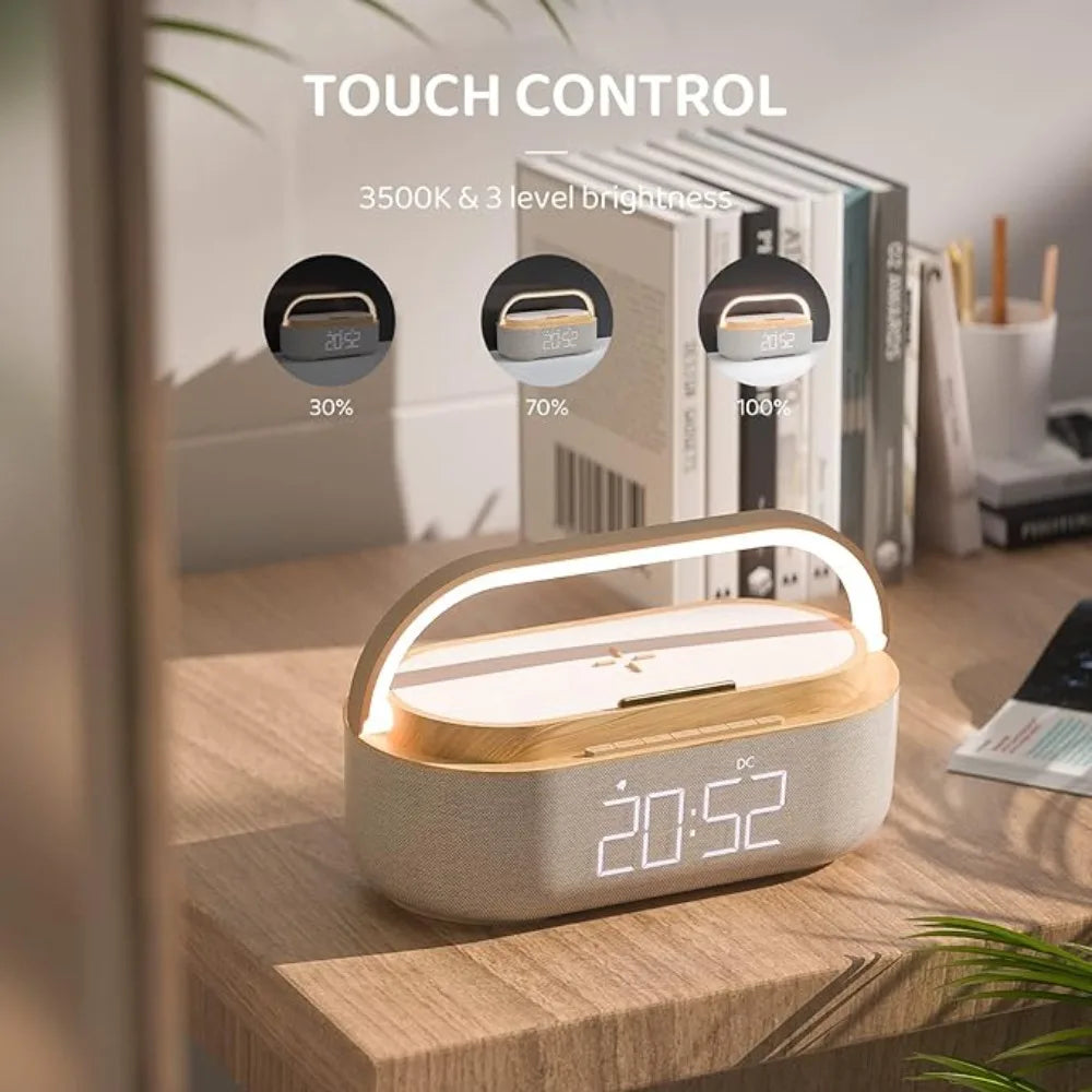 2025 Smart Alarm Clock - 15W Wireless Charger, Bluetooth Speaker, FM Radio & LED Night Light - Perfect Bedside Gift