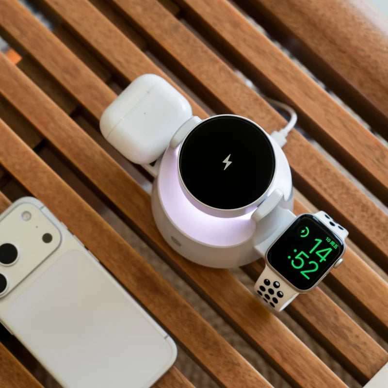 Three-in-One Wireless Charger Stand Magnetic Absorption Bluetooth Wireless Earphones Smart Watch Holder Desktop Atmosphere Light