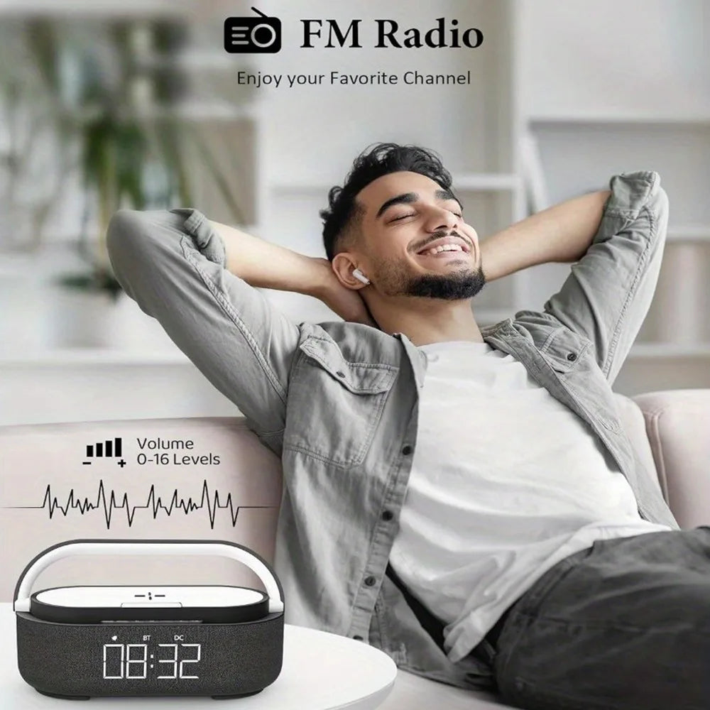 2025 Smart Alarm Clock - 15W Wireless Charger, Bluetooth Speaker, FM Radio & LED Night Light - Perfect Bedside Gift