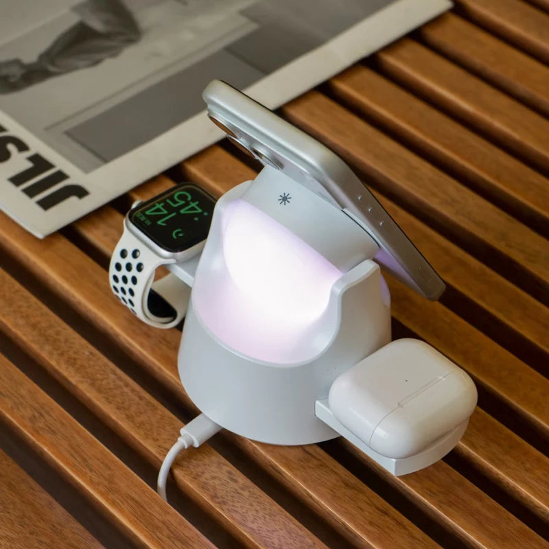 Three-in-One Wireless Charger Stand Magnetic Absorption Bluetooth Wireless Earphones Smart Watch Holder Desktop Atmosphere Light