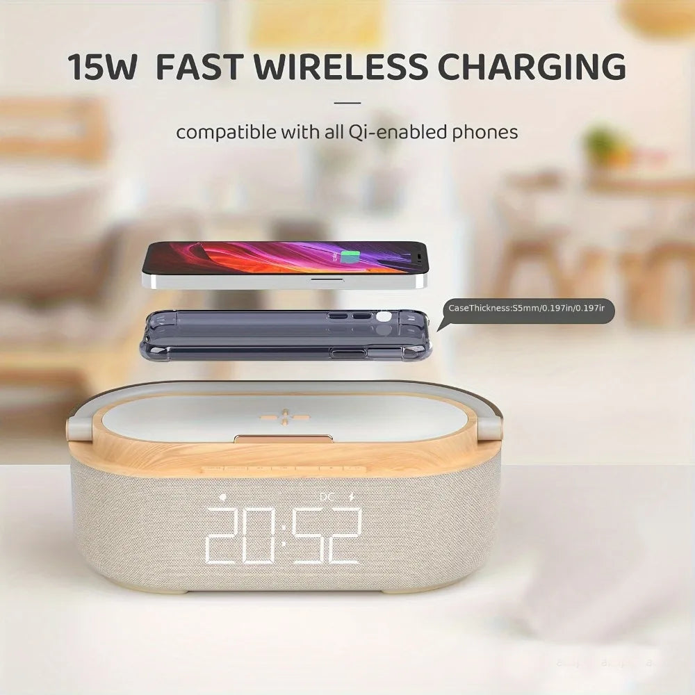 2025 Smart Alarm Clock - 15W Wireless Charger, Bluetooth Speaker, FM Radio & LED Night Light - Perfect Bedside Gift