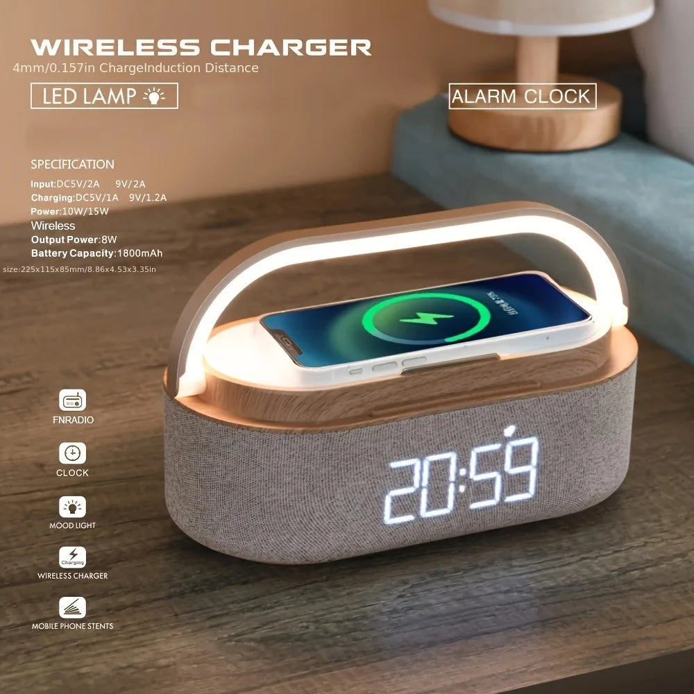 2025 Smart Alarm Clock - 15W Wireless Charger, Bluetooth Speaker, FM Radio & LED Night Light - Perfect Bedside Gift
