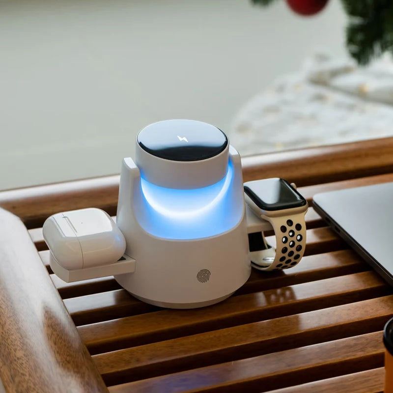 Three-in-One Wireless Charger Stand Magnetic Absorption Bluetooth Wireless Earphones Smart Watch Holder Desktop Atmosphere Light