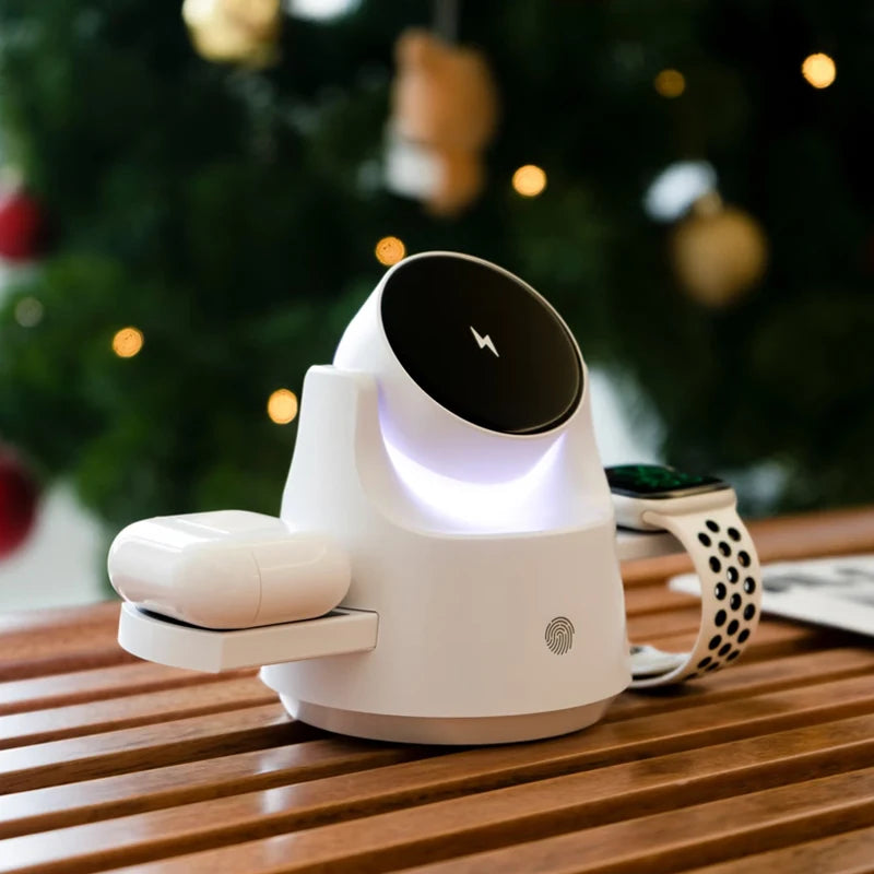 Three-in-One Wireless Charger Stand Magnetic Absorption Bluetooth Wireless Earphones Smart Watch Holder Desktop Atmosphere Light
