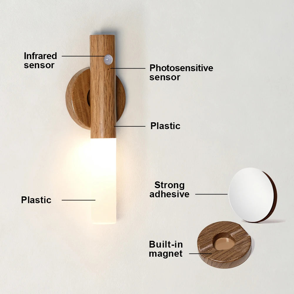 Smart Motion Sensor LED Wall Light LED Rechargeable Magnetic Wall Lamp Night Light Wood Wall Light Kitchen Cabinet Light Lamp