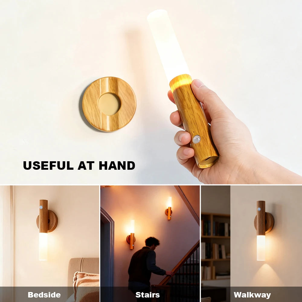 Smart Motion Sensor LED Wall Light LED Rechargeable Magnetic Wall Lamp Night Light Wood Wall Light Kitchen Cabinet Light Lamp