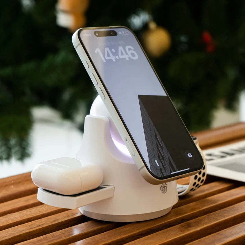 Three-in-One Wireless Charger Stand Magnetic Absorption Bluetooth Wireless Earphones Smart Watch Holder Desktop Atmosphere Light